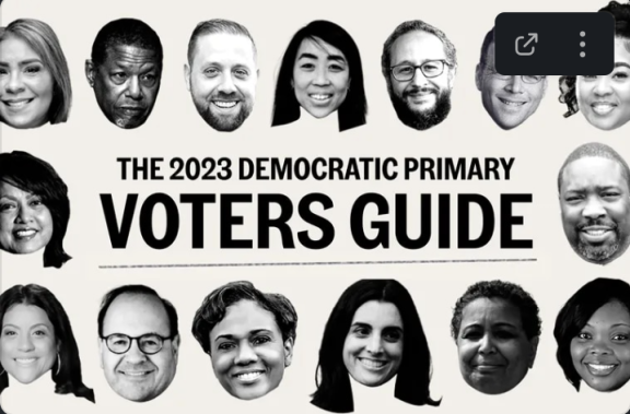 Collage of candidate faces surrounding article title The 2023 Democratic Primary Voters Guide