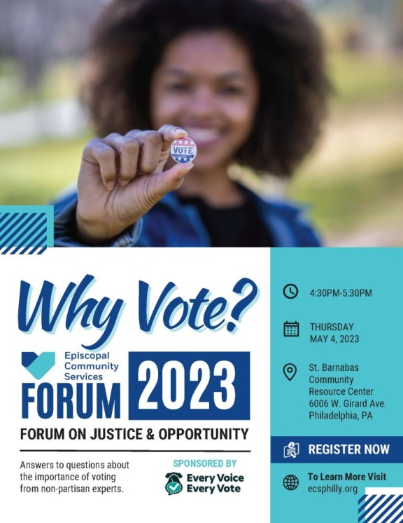 promotional flyer for a forum about voting and justice