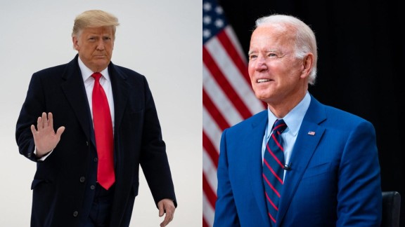 Left: Donald Trump waving; right: Joe Biden smiling