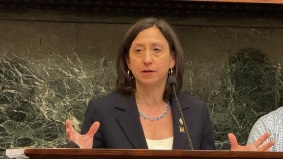 Rue Landau talking in front of a podium at press conference