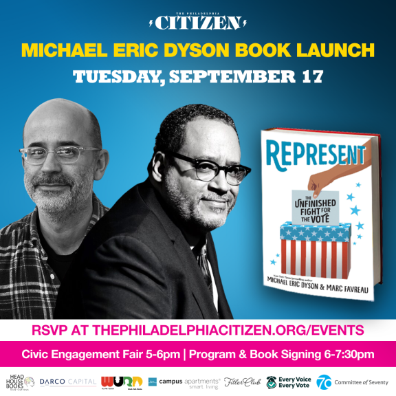 Flyer for book launch event with picture of the book Represent and the authors Rev. Michael Eric Dyson and Marc Favreau