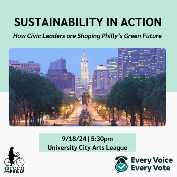 Poster for the Sustainability in Action event with a photo of Philadelphia