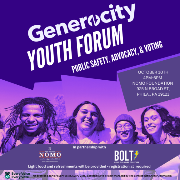 Purple flyer for Generocity's Youth Forum: Public Safety, Advocacy, and Voting on October 10 at 4pm