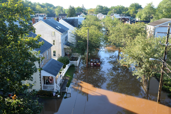 Aerial view of a flooded neighborhood in Mont Clare