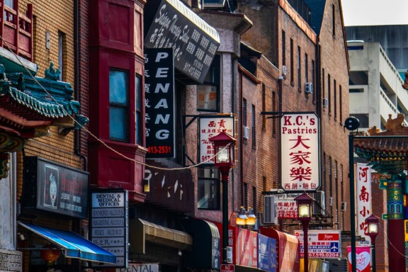 Storefront signs with Chinese lettering in Philadelphia's chinatown