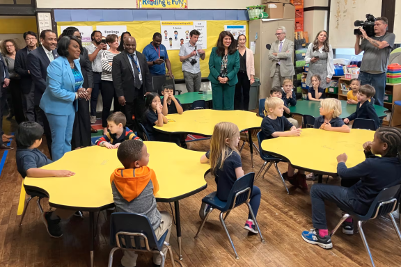 Mayor Cherelle Parker, Superintendent Tony Watlington, and Chief Education Officer Debora Carrera visiting a classroom at Southwark Elementary School