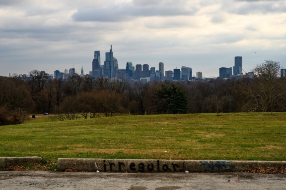 Park with a line of trees and the Philly skyline in the background