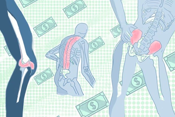 Illustration of bodies with visible skeletons and images of dollars in the background