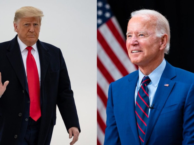 Left: Donald Trump waving; right: Joe Biden smiling