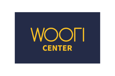 the words Woori Center in yellow on a blue background