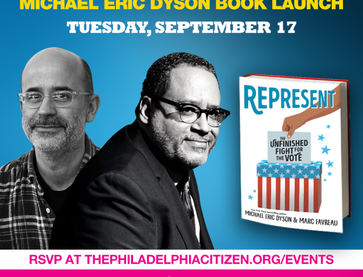 Flyer for book launch event with picture of the book Represent and the authors Rev. Michael Eric Dyson and Marc Favreau