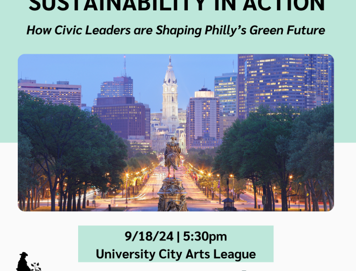 Poster for the Sustainability in Action event with a photo of Philadelphia