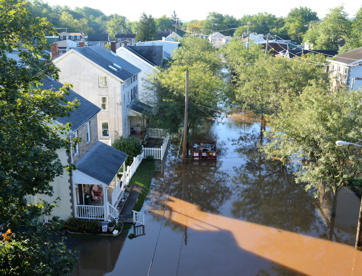 Aerial view of a flooded neighborhood in Mont Clare