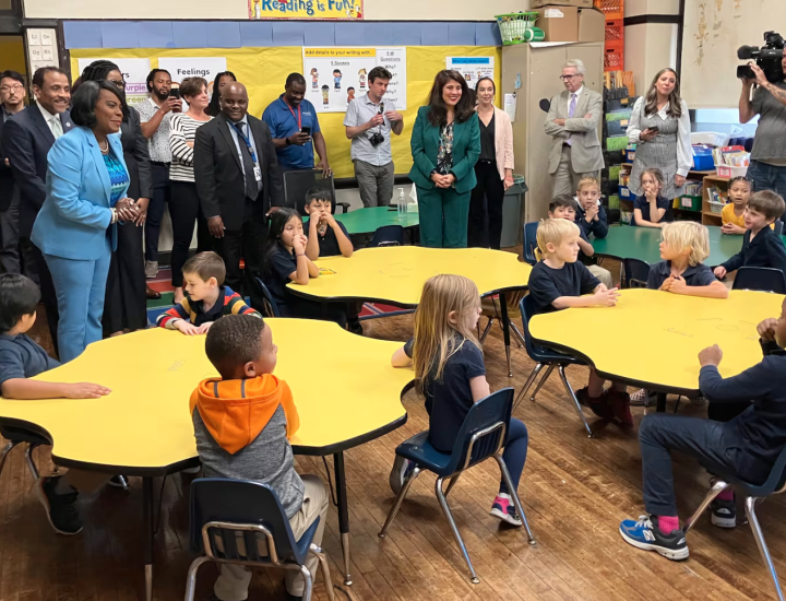 Mayor Cherelle Parker, Superintendent Tony Watlington, and Chief Education Officer Debora Carrera visiting a classroom at Southwark Elementary School