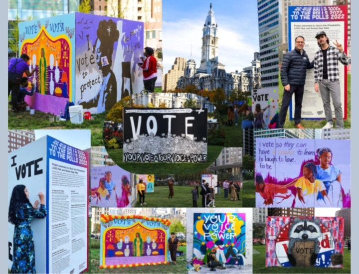 Collage of six public art pieces