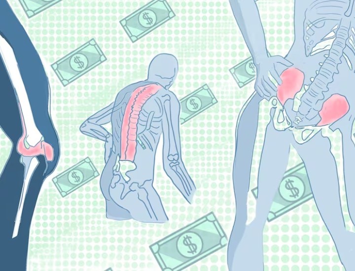 Illustration of bodies with visible skeletons and images of dollars in the background